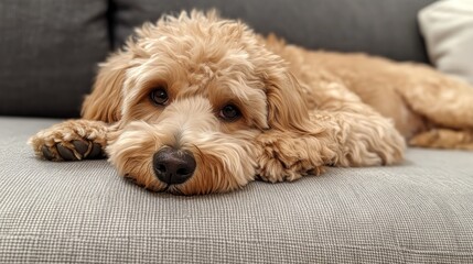 A golden doodle dog lays on a couch with its head resting on its paws.