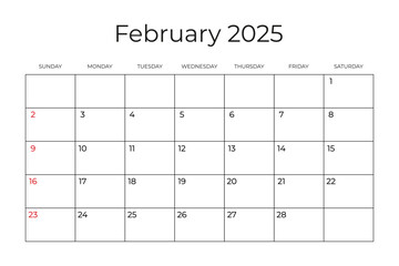 Printable Monthly Calendar template for February 2025. Week Starts on SUNDAY. Wall Calendar in a Minimalist Style. Simple and clean design. Vector illustration