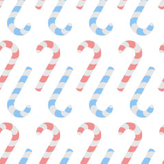 Candy cane. Upside down sweets. Seamless vector pattern. Endless Christmas ornament of striped colorful lollipops. Isolated colorless background. Flat style. Idea for web design.