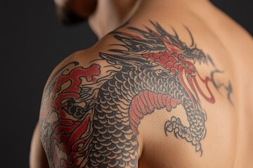 Detailed dragon tattoo design on a man's shoulder showcased against a dark background in a close-up view