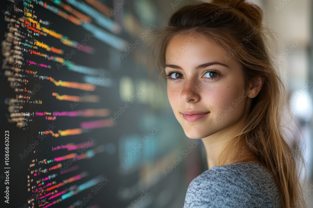 Poster young woman smiling confidently while working on code in a modern tech workspace during the day