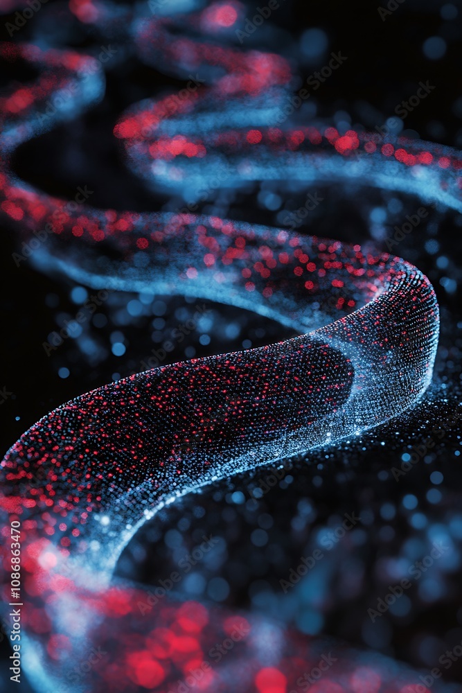 Poster abstract representation of a flowing digital wave with shimmering red and blue particles against a d