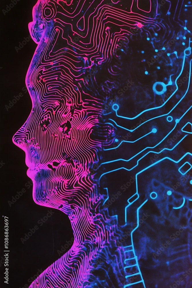 Poster abstract representation of a human profile intertwined with colorful circuit board patterns illustra