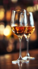 Two elegant wine glasses filled with white wine on a bar counter.