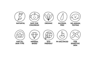 Vector set linear icons, logos or labels for natural and organic products. Outline symbols for food and cosmetics