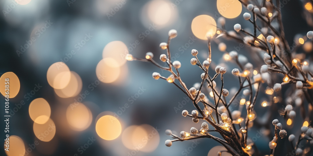 Poster closeup of snow covered branches on a background with bokeh lights. abstract festive background. ima
