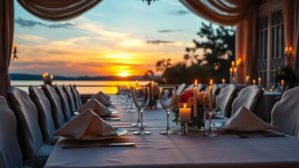 Elegant dinner table setting with candles, fine china, and crisp linens against serene sunset backdrop, serene, lavish