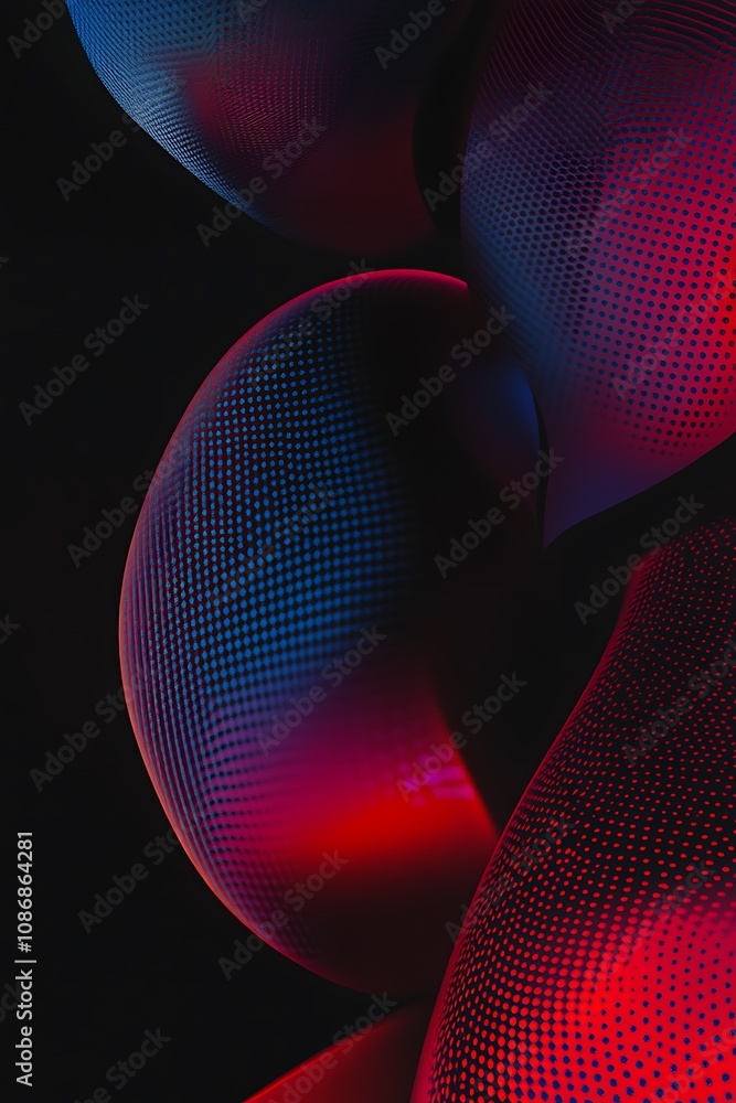 Poster abstract shapes with vibrant blue and red hues on a dark background, showcasing a smooth and texture