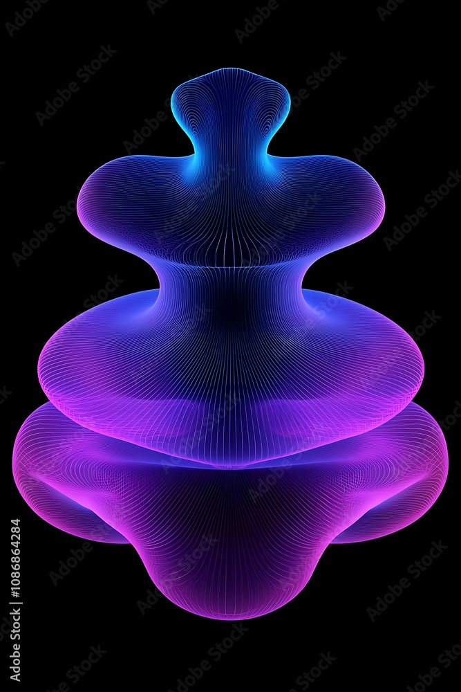 Poster abstract shape with waves and lines in blue and purple colors on a black background for modern art a
