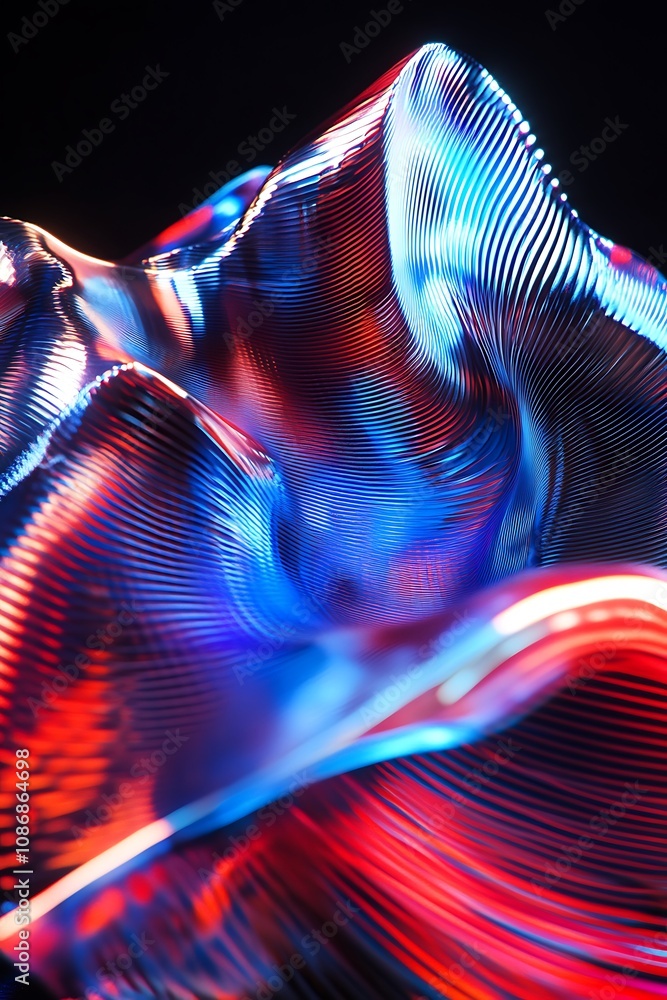 Poster Abstract swirling patterns of colorful light creating depth and movement in a digital landscape showcasing bright red, blue, and white waves on a dark background