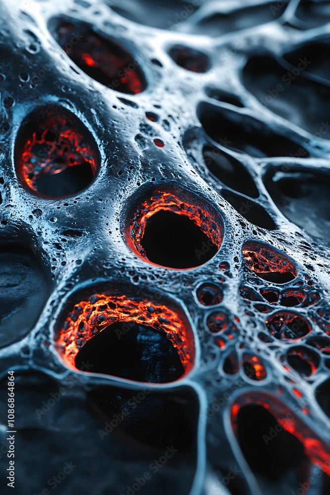 Poster abstract texture with organic patterns and bright red illuminations in dark background, macro view o