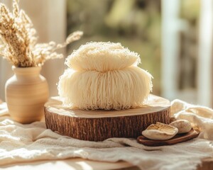 Lion's mane mushroom displayed on a wooden surface, symbolizing health and wellness benefits