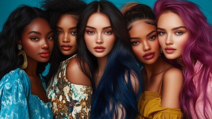 Fototapeta premium Diverse group of five women with vibrant hair colors and makeup showcase beauty in multicultural portrait against teal background.