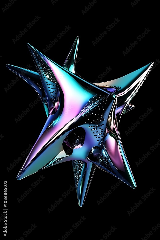 Poster abstract three-dimensional star shape with metallic sheen and intricate surface details reflecting l