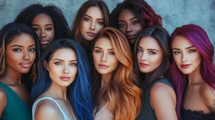 Obraz premium Diverse group of beautiful women with vibrant hair colors showcasing unity in diversity. Portrait celebrates individuality, beauty standards, and female empowerment.