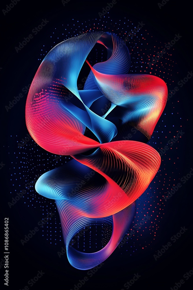 Poster abstract vibrant waves of light in red and blue against a dark background, creating a mesmerizing vi