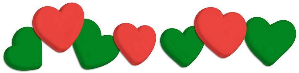 Illustration of 3D red and green hearts
