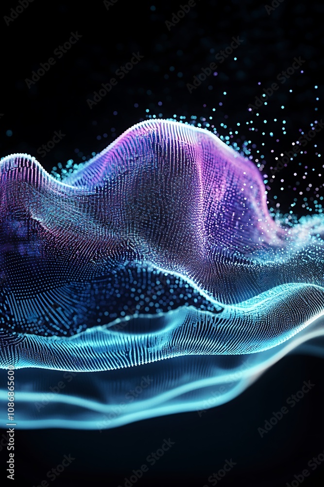 Poster abstract visualization of digital waves in blue and purple hues, representing data flows, connectivi