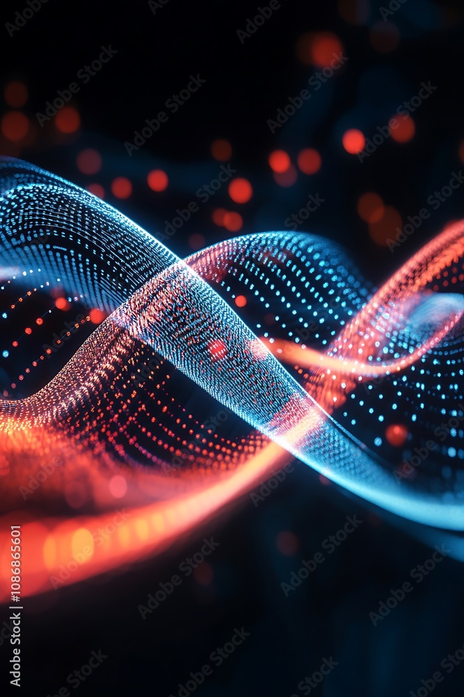 Poster abstract visualization of dynamic waves of light in blue and red color scheme representing technolog