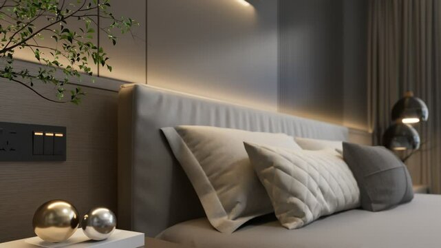 A modern master bedroom interior with sleek design, subtle lighting, and a minimalist aesthetic with a cozy atmosphere. 3d rendering 4K video interior scene.