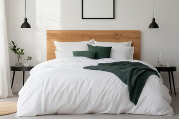 Modern minimalist bedroom interior design featuring white bedding and wooden headboard