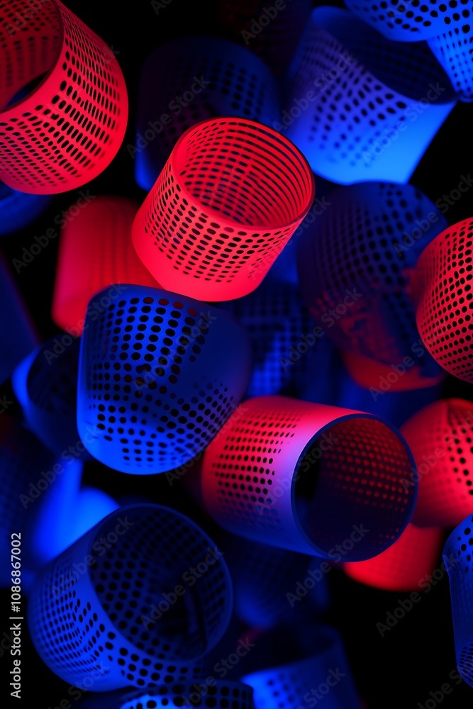 Poster abstract composition of vibrant blue and red circular shapes illuminated against a dark background, 