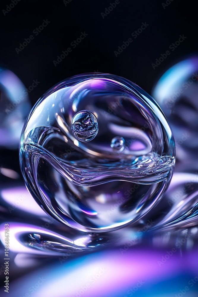 Poster close-up of colorful water droplets on smooth surface creating abstract reflections and light patter
