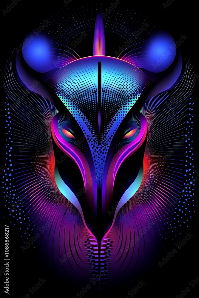 Poster colorful abstract animal face with geometric shapes and vibrant patterns in a dark background for mo