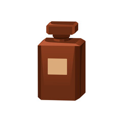 Perfume bottle with elegant scent, rich fragrance. Luxury fragrant cosmetic product. Glass jar, flask, vial for toilet water, premium perfumery. Flat vector illustration isolated on white background