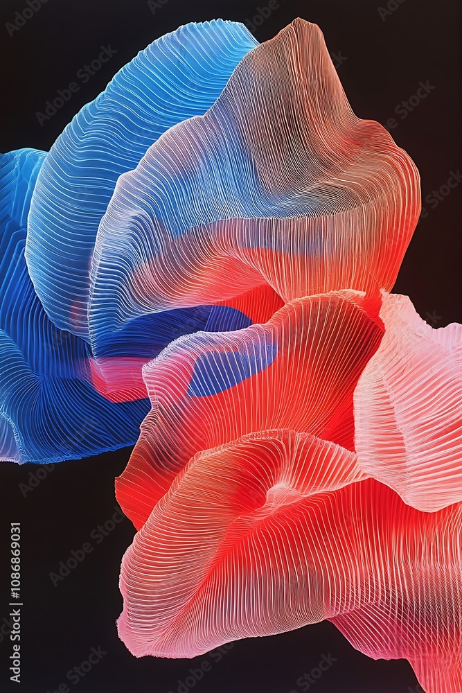 Poster colorful abstract waves with dynamic flow and intricate texture in blue and red hues against a dark 