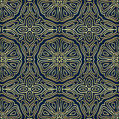 Festive decorative blue background, tribal cover design, banner. Geometric gold 3D pattern, embossing. Elegant ornaments, arabesques, mandala of the East, Asia, India, Mexico, Aztec. Ethnic print.