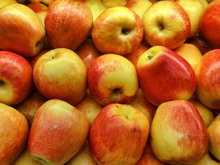 Macro photo of Fresh red apples in a market