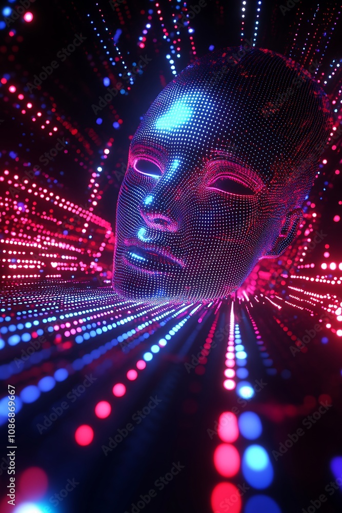 Poster futuristic 3d representation of a stylized human face surrounded by vibrant glowing particles, illus
