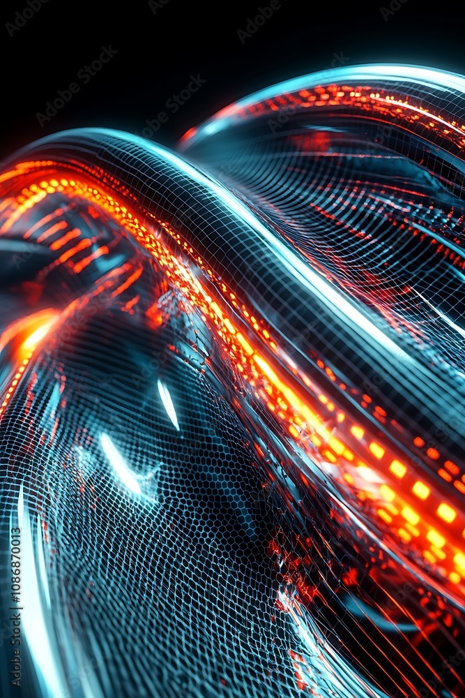 Poster dynamic flow of neon light trails in abstract futuristic design, featuring bright colors and glowing