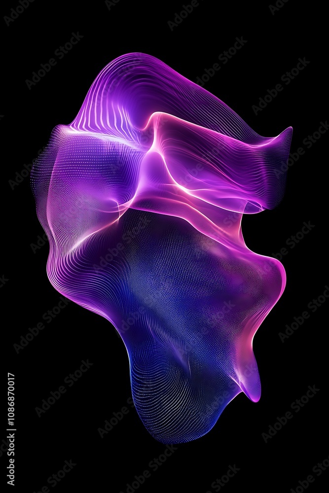 Poster abstract digital wave patterns in vibrant purple and blue hues, creating a mesmerizing flow of light
