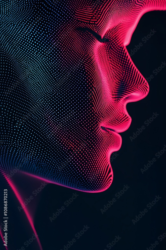 Aufkleber abstract representation of a human face created using vibrant neon dots, showcasing a blend of techn