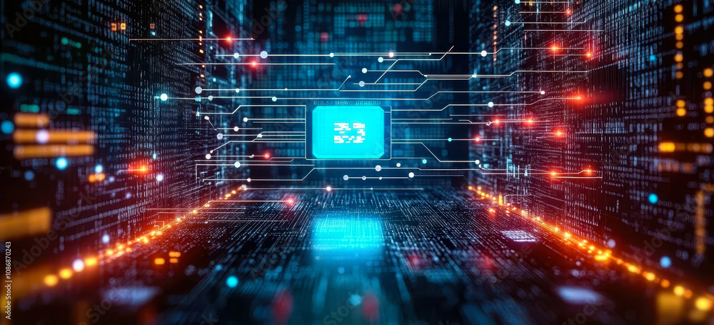 Poster futuristic digital data network with glowing circuit board in cyberspace environment