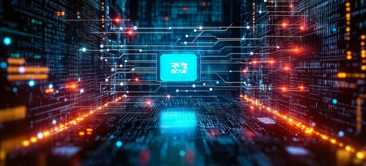 Fototapeta premium Futuristic Digital Data Network with Glowing Circuit Board in Cyberspace Environment