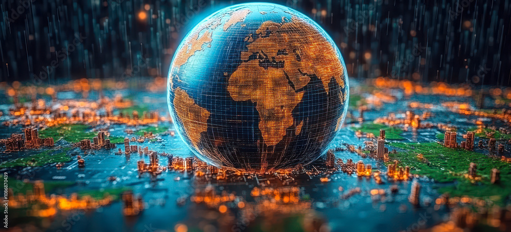 Poster futuristic digital globe with real-time city data and dynamic weather visualization