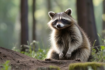 Cute raccoon sitting in the forest, wildlife, animals