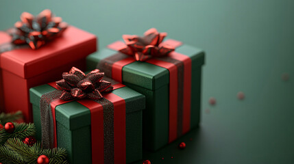 Obraz premium Groups of Christmas presents and balls against the backdrop of a festive Christmas tree with colored festive lights 