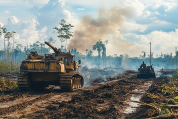 Naklejka premium Military tanks maneuvering through a deforested area in a military operation during daylight