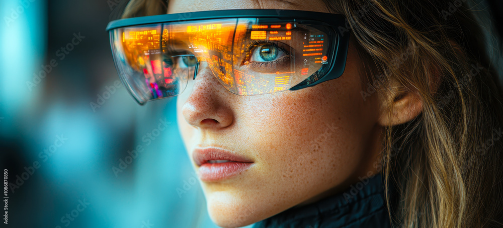 Poster person navigating city with augmented reality glasses displaying interactive information