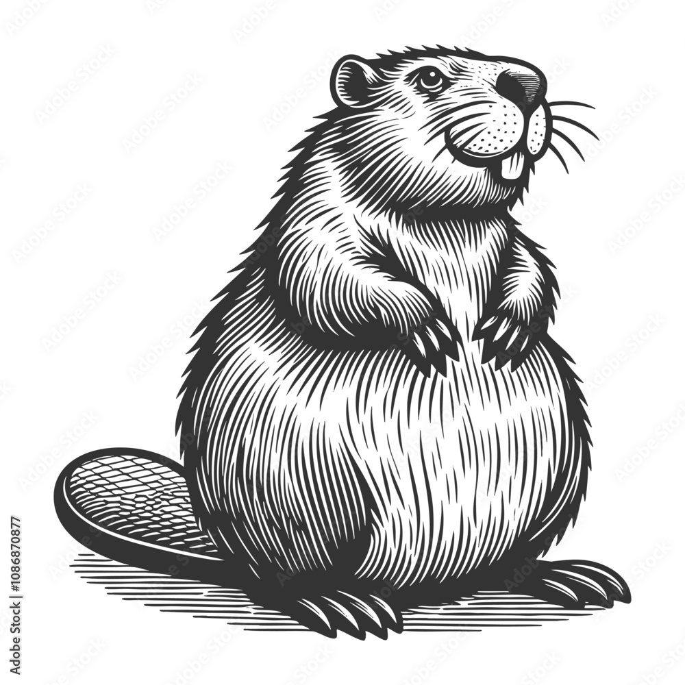 Poster beaver standing upright with a textured tail, emphasizing its fur detail and natural charm sketch en