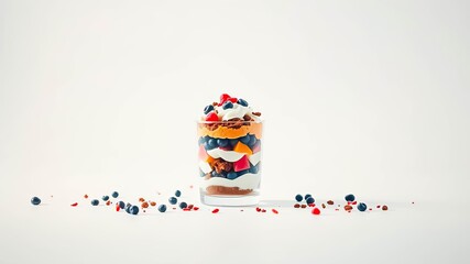 Obraz premium A glass dessert parfait with layers of creamy yogurt, fruit, and crumbled cookies, decorated with fresh blueberries and raspberries, on a white background with scattered berries and crumbs.