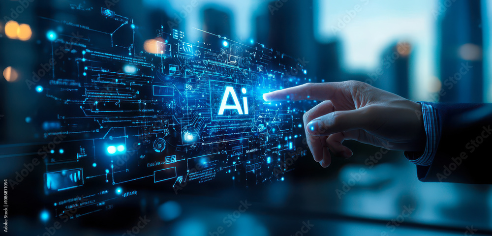 Poster businessman interacting with ai data network through innovative machine learning technology