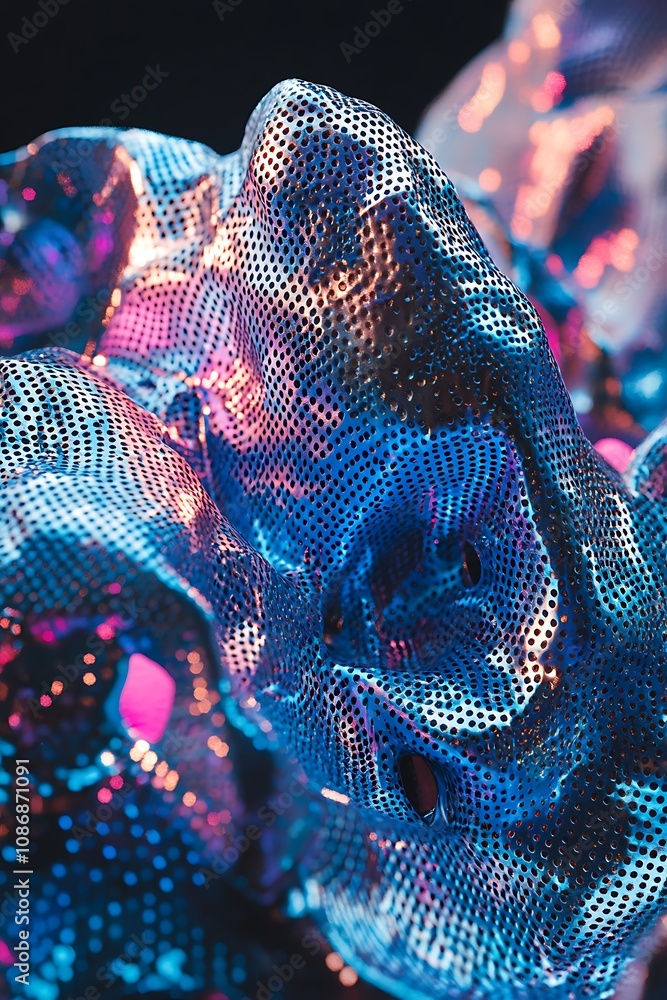 Poster abstract close-up of a metallic sculpture showcasing intricate perforation patterns, vibrant colors,