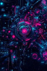 Obraz premium Abstract futuristic design featuring vibrant neon colors with intricate shapes and patterns, creating a mesmerizing visual effect for digital backgrounds and technology themes.