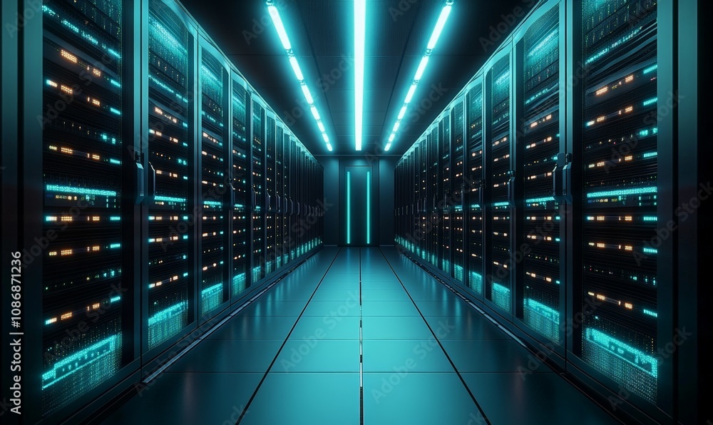 Poster modern high-tech data center with led-lit server racks and reflective flooring