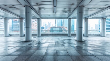 Empty square floor with city skyline background, Neighborhood Regeneration Project, noon